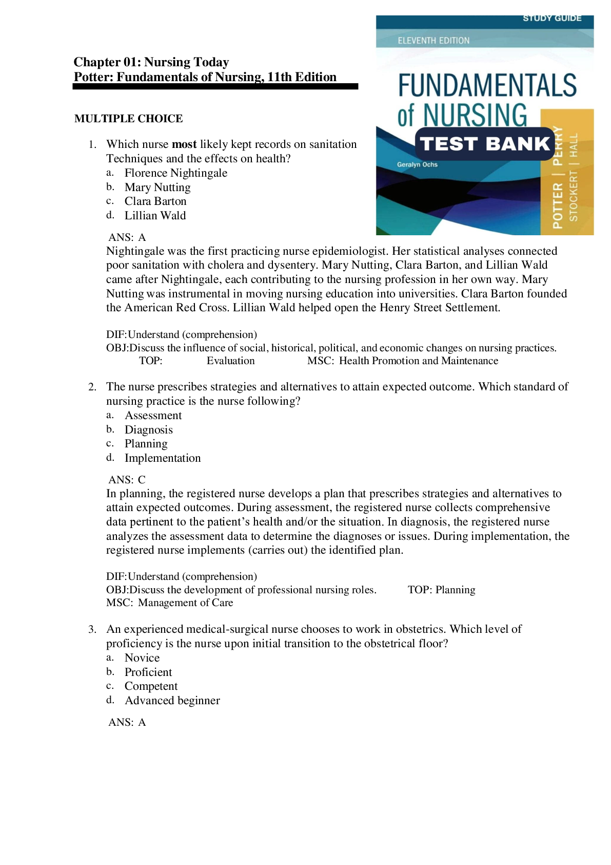 Preview image for Test Bank for Fundamentals of Nursing 11th Edition Potter Perry Chapter 1-50 |Complete Guide A+ Newest Version-2022